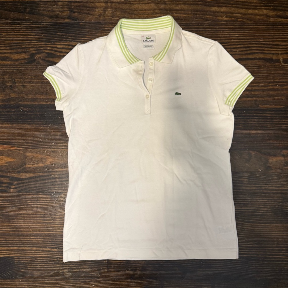 Lacoste White Polo with Lime Accent Collar and Cuff